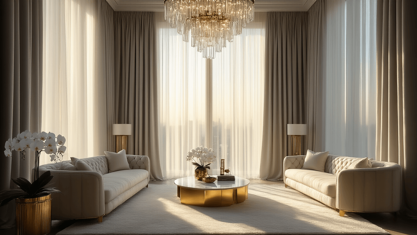 Elegant living room with floor-to-ceiling windows draped in pearl gray silk curtains, featuring modern furniture, a marble coffee table, and a crystal chandelier, illuminated by warm golden hour light.