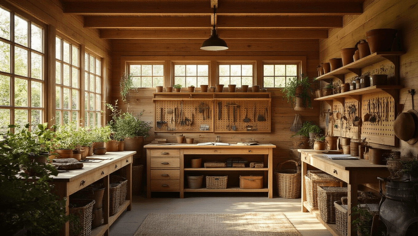 Photorealistic interior of a sun-drenched garden shed featuring exposed wooden beams, organized vintage tools, custom shelving with terracotta pots, and a patinated workbench, all bathed in warm morning light.