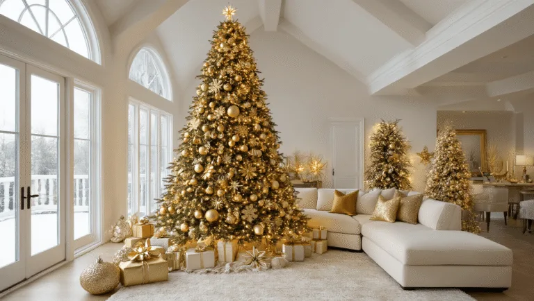 A luxurious 9-foot Noble fir Christmas tree adorned with gold ornaments in an elegant living room, featuring a cream sectional couch, golden accents, and warm sunlight illuminating the space.