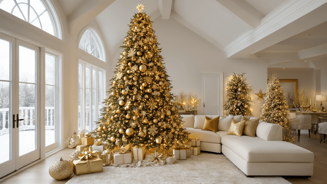 A luxurious 9-foot Noble fir Christmas tree adorned with gold ornaments in an elegant living room, featuring a cream sectional couch, golden accents, and warm sunlight illuminating the space.