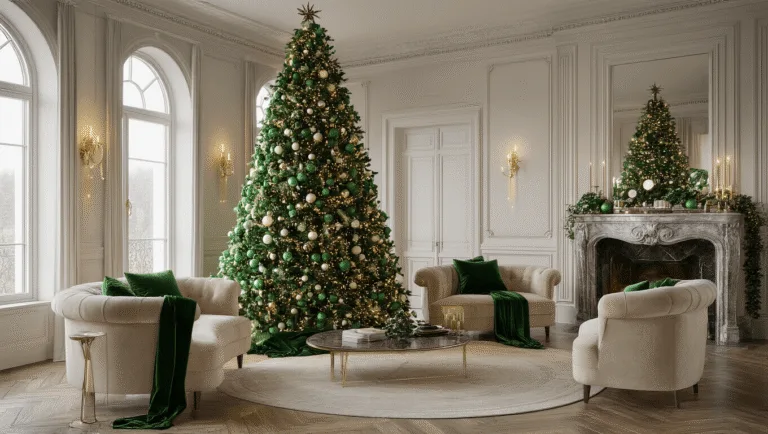 A luxurious green-themed formal living room at dusk, featuring a grand 12-foot Nordmann fir Christmas tree adorned with varying shades of green ornaments and warm white lights, surrounded by cream velvet sofas, a marble fireplace, and twilight views through floor-to-ceiling windows.