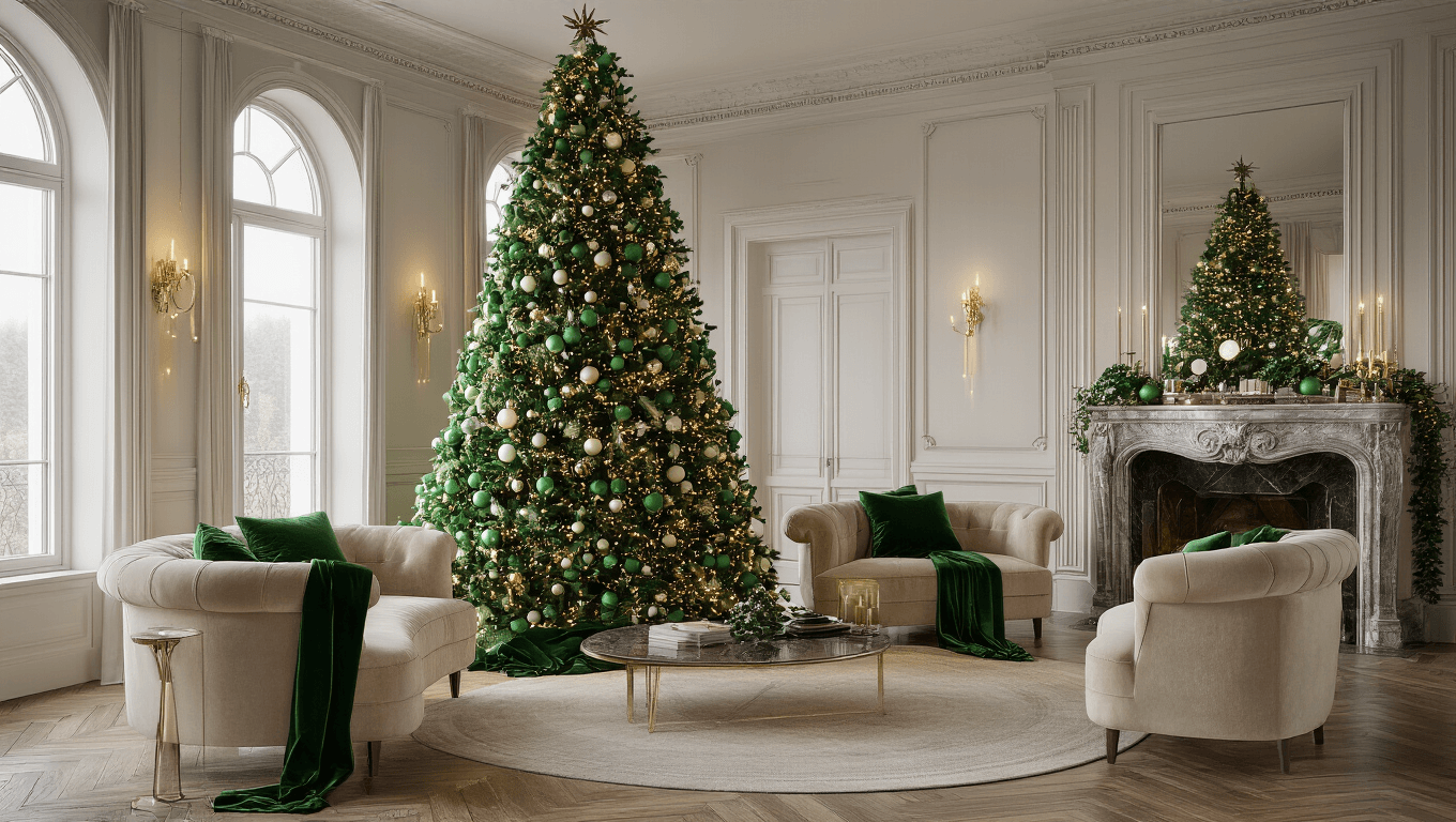 A luxurious green-themed formal living room at dusk, featuring a grand 12-foot Nordmann fir Christmas tree adorned with varying shades of green ornaments and warm white lights, surrounded by cream velvet sofas, a marble fireplace, and twilight views through floor-to-ceiling windows.