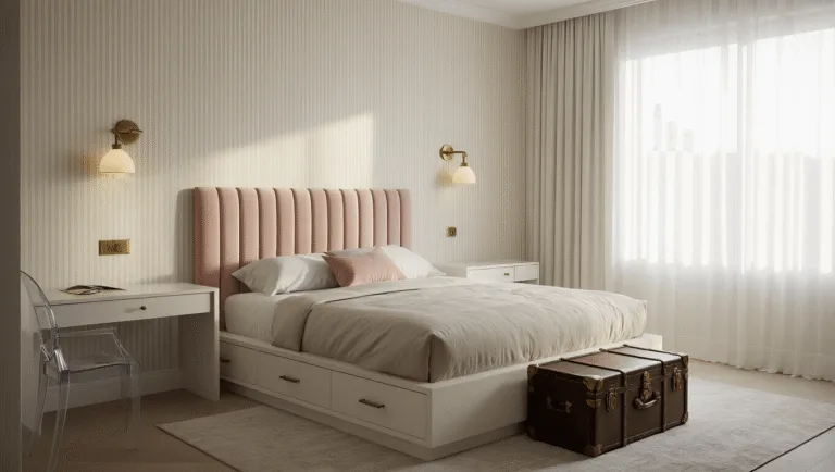 A luxurious small guest bedroom with a blush velvet tufted headboard bed, brushed brass wall sconces, vintage trunk, and floating desk, bathed in soft golden hour light.