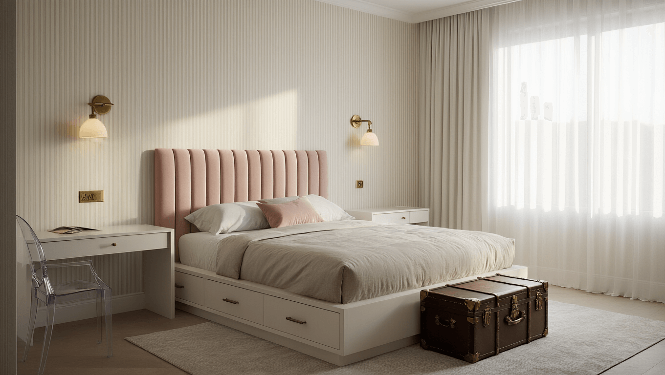 A luxurious small guest bedroom with a blush velvet tufted headboard bed, brushed brass wall sconces, vintage trunk, and floating desk, bathed in soft golden hour light.