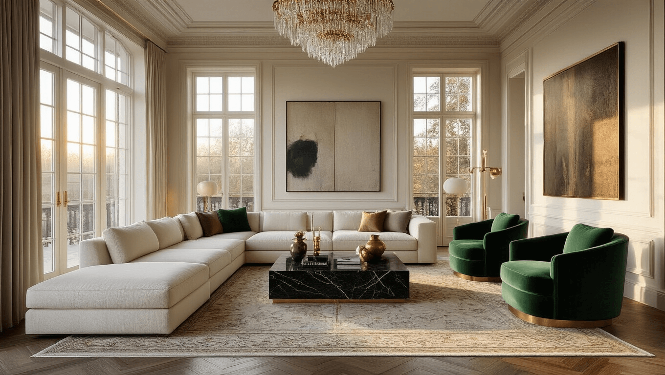 Hyperrealistic photograph of a luxurious living room at golden hour, featuring an ivory bouclé sectional sofa, black veined marble coffee table, emerald velvet accent chairs, and a gallery wall of abstract art, all illuminated by warm light from floor-to-ceiling windows.