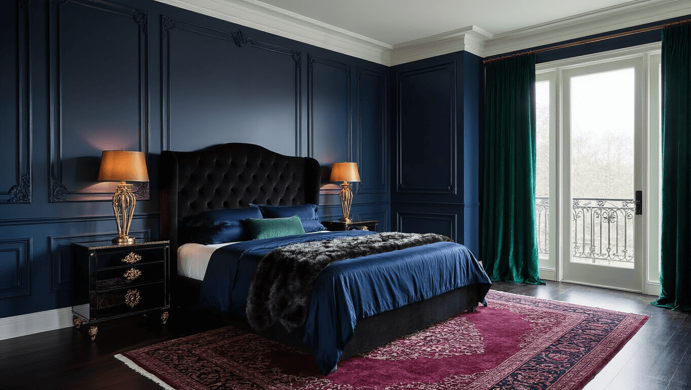 A cinematic interior of a luxurious master bedroom featuring deep navy blue walls, a king-size bed with black tufted velvet headboard, midnight blue satin sheets, and a Persian rug, illuminated by a wrought iron chandelier and warm evening light.