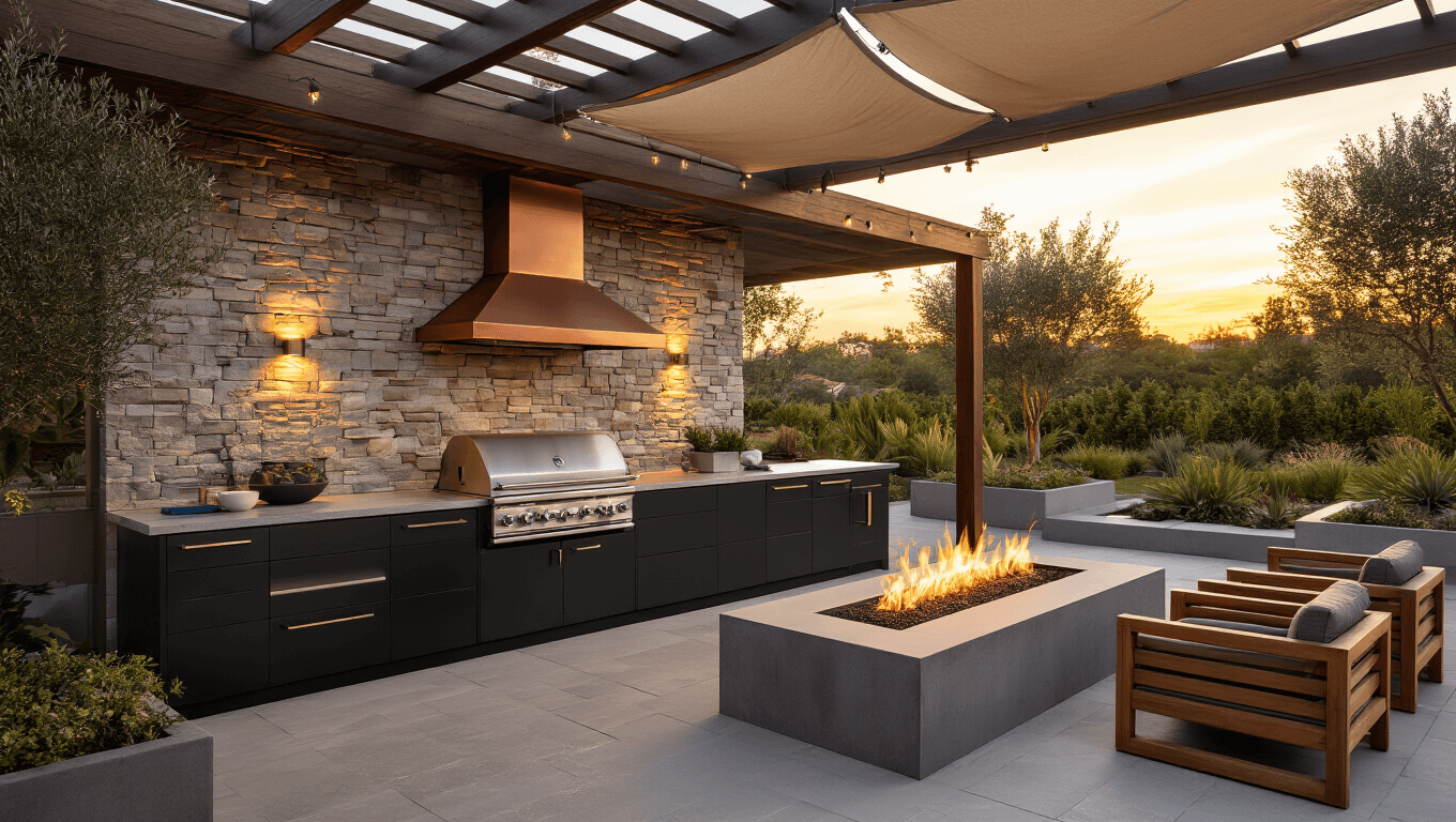 A luxurious outdoor kitchen at sunset, featuring stainless steel appliances, matte black cabinetry, and quartz countertops, with a fire pit and teak furniture surrounded by lush landscaping.