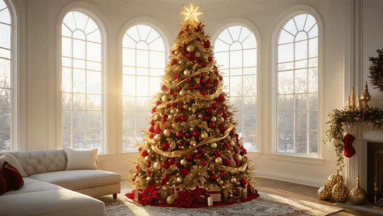 A photorealistic image of a 9-foot Christmas tree in a luxurious living room corner, adorned with red and gold ornaments, golden hour light streaming through bay windows, and a plush cream-colored sectional sofa in the foreground.