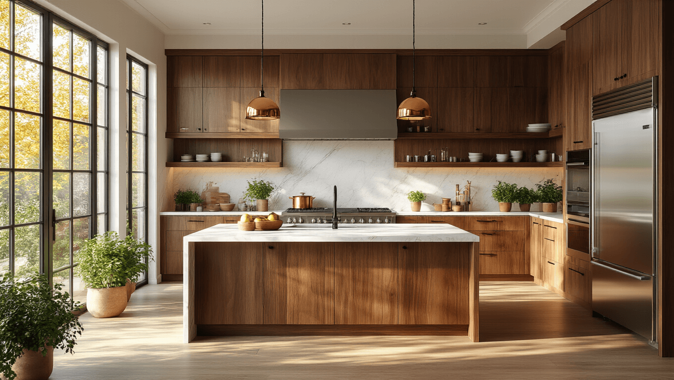 Photorealistic interior of a luxurious wooden kitchen bathed in warm golden hour light, featuring walnut cabinets, a Carrara marble waterfall island, polished stainless steel appliances, and copper cookware, complemented by potted herbs and geometric pendant lights.