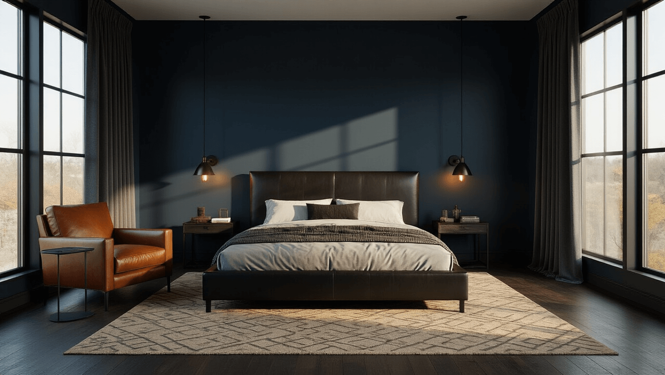 Cinematic wide shot of a sophisticated masculine bedroom featuring a low-profile platform bed, vintage cognac leather armchair, and layered textures, all illuminated by golden late afternoon light filtering through sheer charcoal curtains.