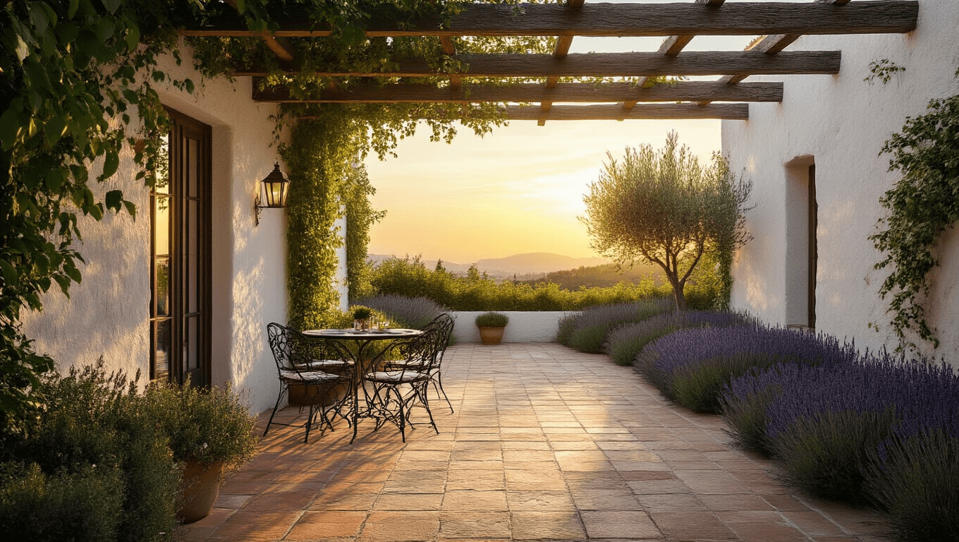 Photorealistic image of a luxurious Mediterranean walled courtyard garden at sunset, featuring whitewashed stone walls, climbing jasmine, an elegant wrought iron bistro set, and potted olive trees, all illuminated by warm golden hues, showcasing intricate textures and soft natural shadows in an intimate atmosphere.