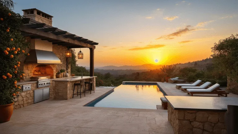 Cinematic wide-angle shot of a luxurious Mediterranean outdoor kitchen and infinity pool at sunset, featuring rustic stone walls, stainless steel appliances, and ambient lighting, with a seamless indoor-outdoor flow.