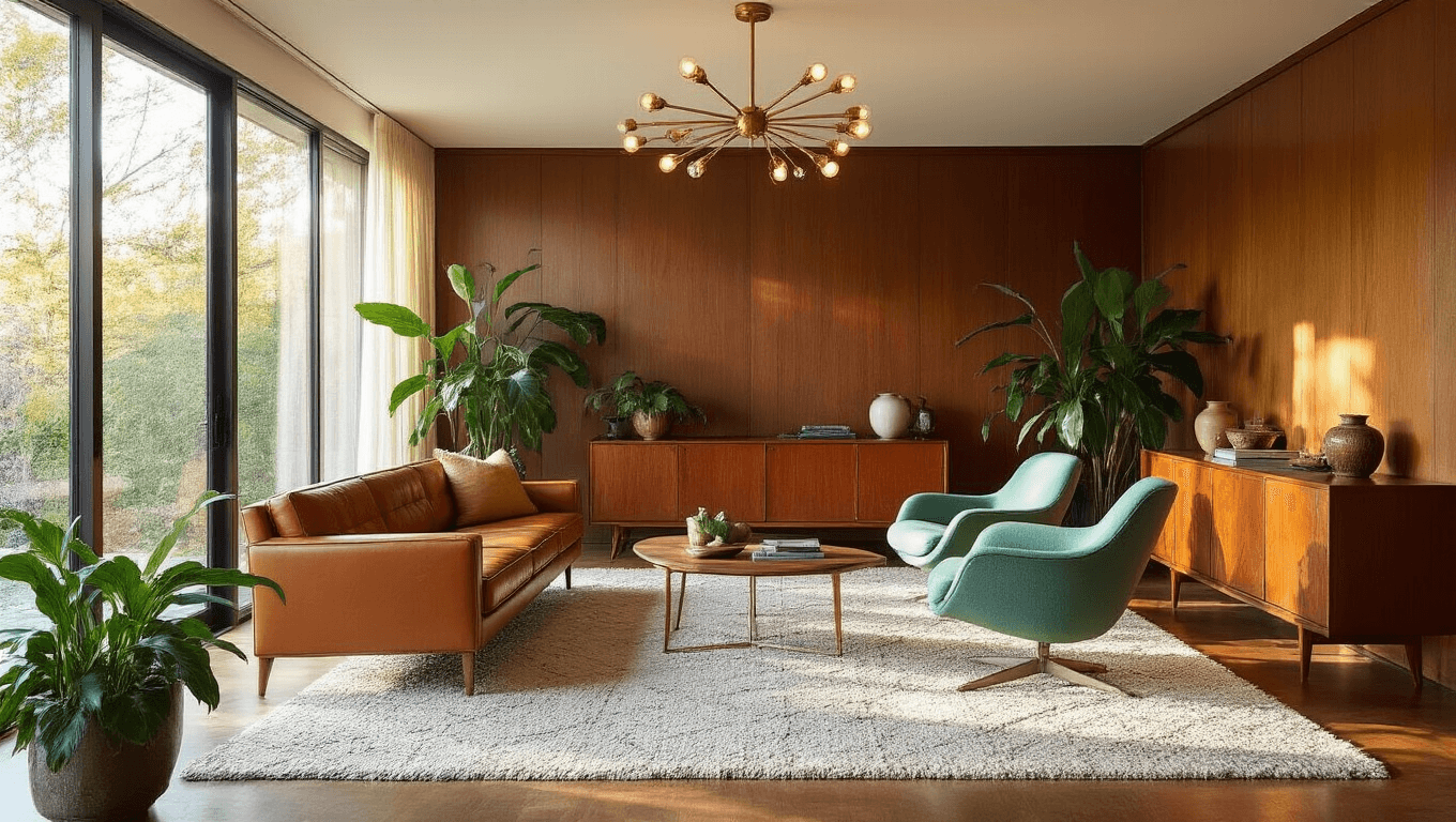 A mid-century modern living room bathed in golden hour sunlight, featuring a cognac leather sofa, seafoam green egg chairs on a geometric rug, and a Danish teak sideboard against a walnut-paneled wall, illuminated by a brass Sputnik chandelier.