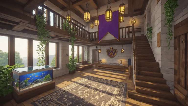 A luxurious Minecraft-inspired bedroom with a lofted bed, polished quartz and dark oak stairs, large glass windows, custom wooden furniture, sea lantern chandeliers, and a cozy study nook with an aquarium, featuring a rich color palette of purples, warm woods, and golden light.