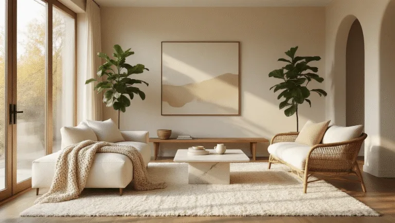 A minimalist living room filled with golden morning light, featuring a plush ivory wool rug, a cream linen sofa with a taupe throw, a sleek marble coffee table, a handwoven rattan chair, soft beige walls with an oversized abstract canvas, and a tall fiddle leaf fig tree.