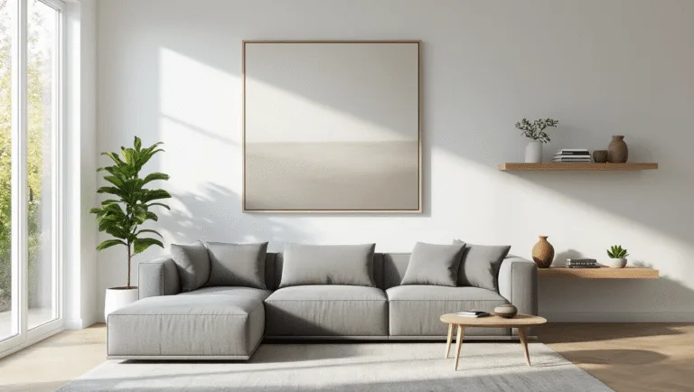 A modern minimalist living room bathed in soft natural sunlight, featuring pristine white walls, a gray sectional sofa, an oversized muted abstract canvas, and a floating wooden shelf with curated decor, all set against warm oak flooring and a fiddle leaf fig, with a shallow depth of field for a serene and uncluttered aesthetic.