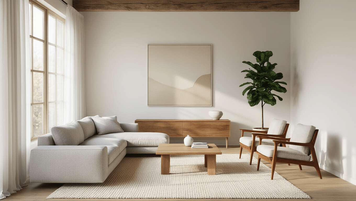 Photorealistic image of a sun-drenched minimalist Scandinavian living room featuring a light gray linen sofa, mid-century walnut armchairs, a solid oak coffee table, and large floor-to-ceiling windows with sheer curtains, accented by a fiddle leaf fig plant and textured decor.