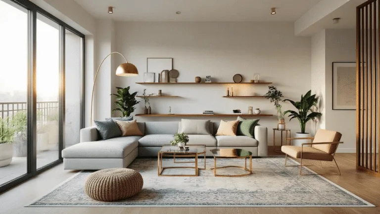 A contemporary small apartment living room featuring a light grey sectional sofa, brass and glass coffee tables, and a Persian-style rug, illuminated by golden hour sunlight.