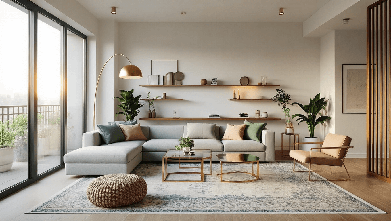A contemporary small apartment living room featuring a light grey sectional sofa, brass and glass coffee tables, and a Persian-style rug, illuminated by golden hour sunlight.