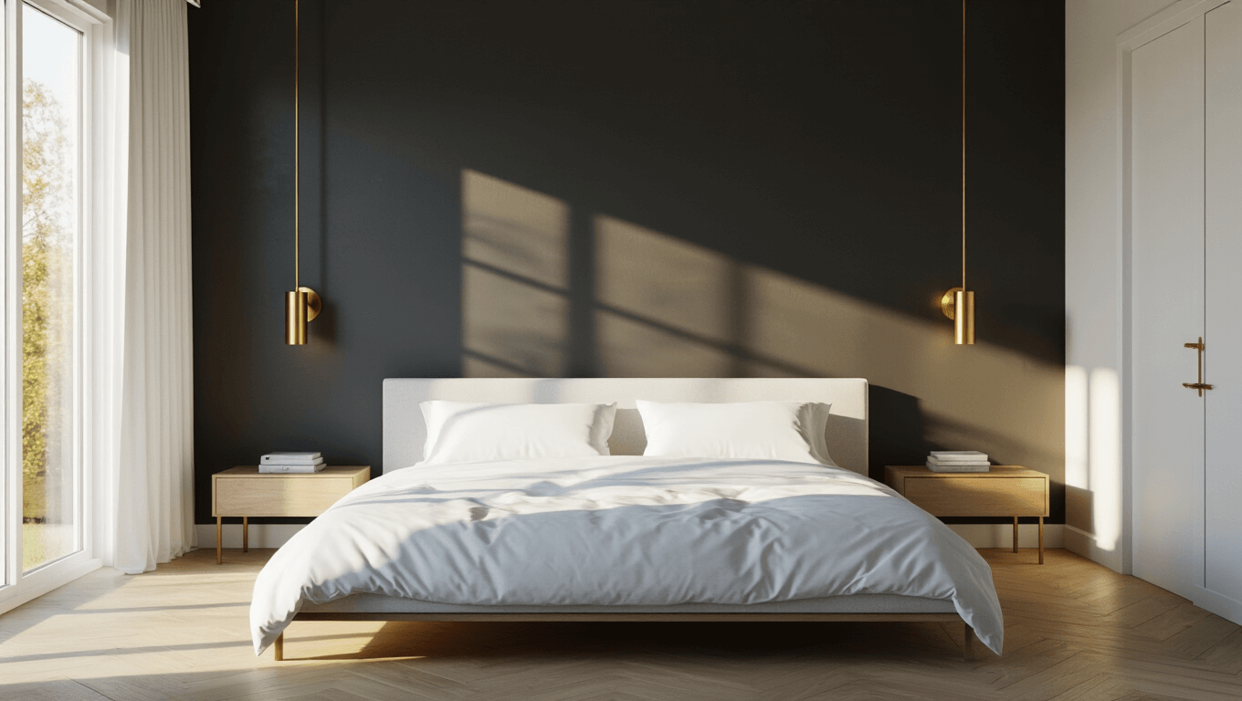 A serene modern bedroom featuring a dramatic matte charcoal accent wall behind a low-profile platform bed, illuminated by golden morning sunlight streaming through floor-to-ceiling windows, casting geometric shadows on white oak flooring.