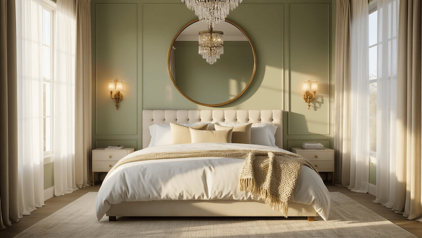 A luxurious master bedroom featuring a round brass-framed mirror above an ivory king bed, illuminated by golden hour sunlight through sheer curtains, with layered textures and vintage brass sconces.