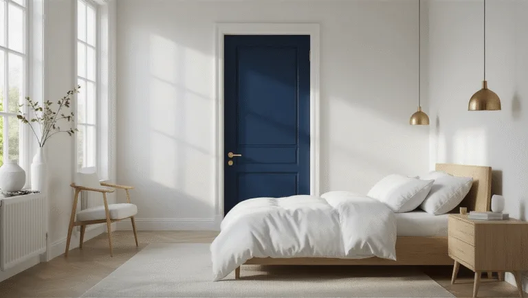 A modern bedroom featuring a rich Hale Navy blue painted door against white walls, illuminated by natural light from floor-to-ceiling windows, with Scandinavian light oak furniture and white linen bedding.