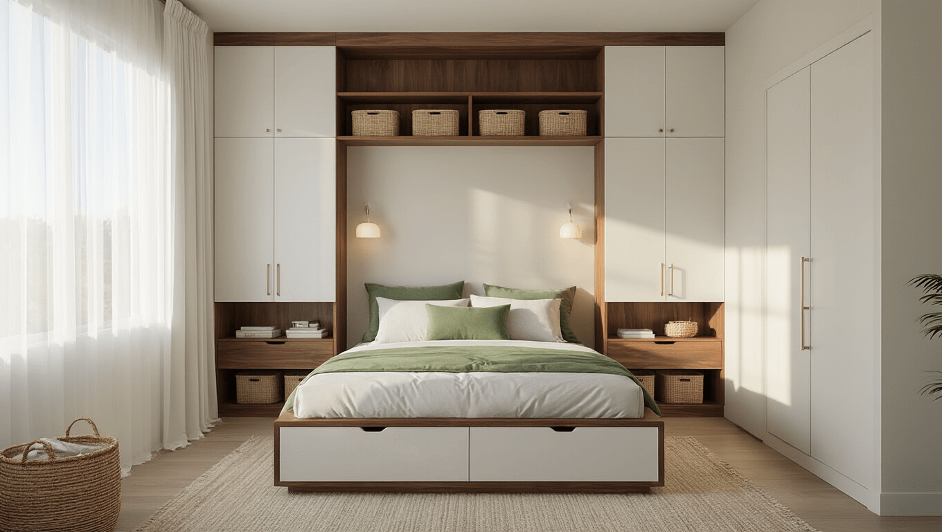 A serene modern bedroom with a platform bed, built-in storage, and custom shelves, illuminated by golden hour light through sheer curtains, featuring a harmonious blend of textures and colors.
