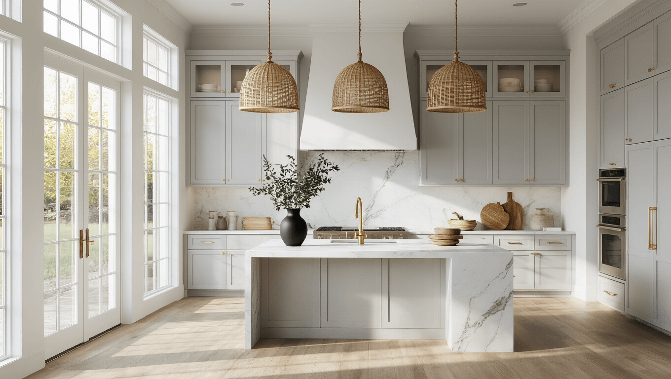 Photorealistic image of a modern luxury kitchen featuring dove gray shaker cabinets, white marble waterfall island, and wide-plank white oak flooring, illuminated by natural sunlight through floor-to-ceiling windows, styled with rattan pendant lights and artisanal ceramics.