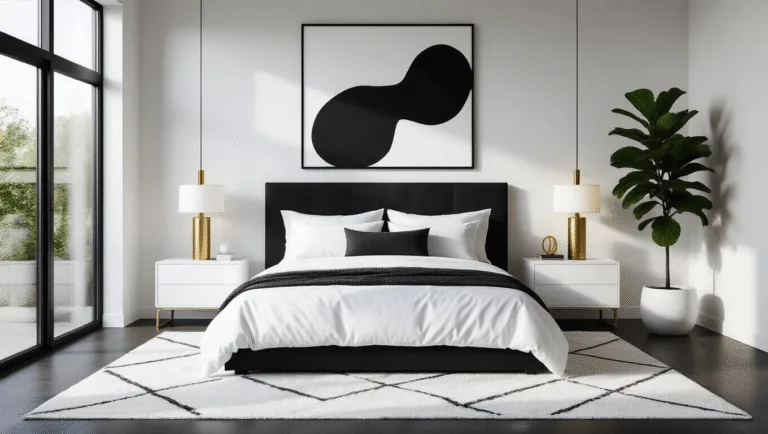 A modern master bedroom featuring a king-size bed with white linens, textured charcoal pillows, minimalist nightstands, and gold lamps, illuminated by natural morning light through floor-to-ceiling windows, with a black accent wall and a plush white rug.