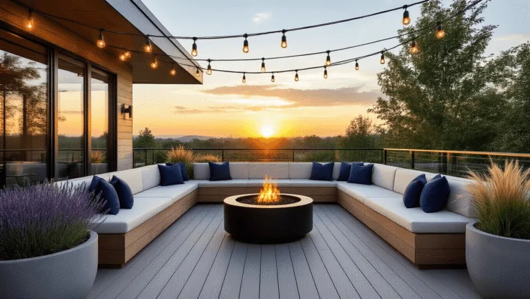 Cinematic wide-angle view of a luxurious L-shaped corner deck at golden hour, featuring gray herringbone composite decking, built-in cedar benches with cream cushions, a circular black steel fire pit, warm ambient lighting, modern glass railings, and large concrete planters with lavender and ornamental grasses.