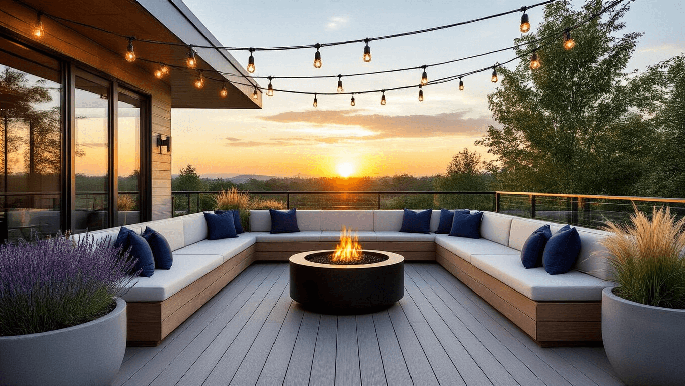 Cinematic wide-angle view of a luxurious L-shaped corner deck at golden hour, featuring gray herringbone composite decking, built-in cedar benches with cream cushions, a circular black steel fire pit, warm ambient lighting, modern glass railings, and large concrete planters with lavender and ornamental grasses.