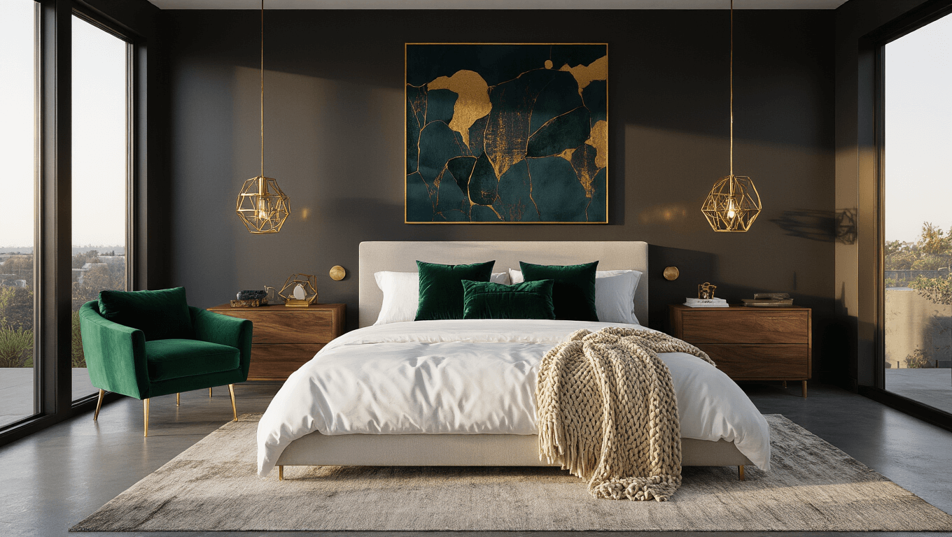 Cinematic wide-angle shot of a luxurious modern bedroom with deep charcoal walls, soft golden hour sunlight, a low-profile king bed with textured pillows, emerald green chair, geometric brass lamps, and a plush rug, creating a moody, intimate atmosphere.