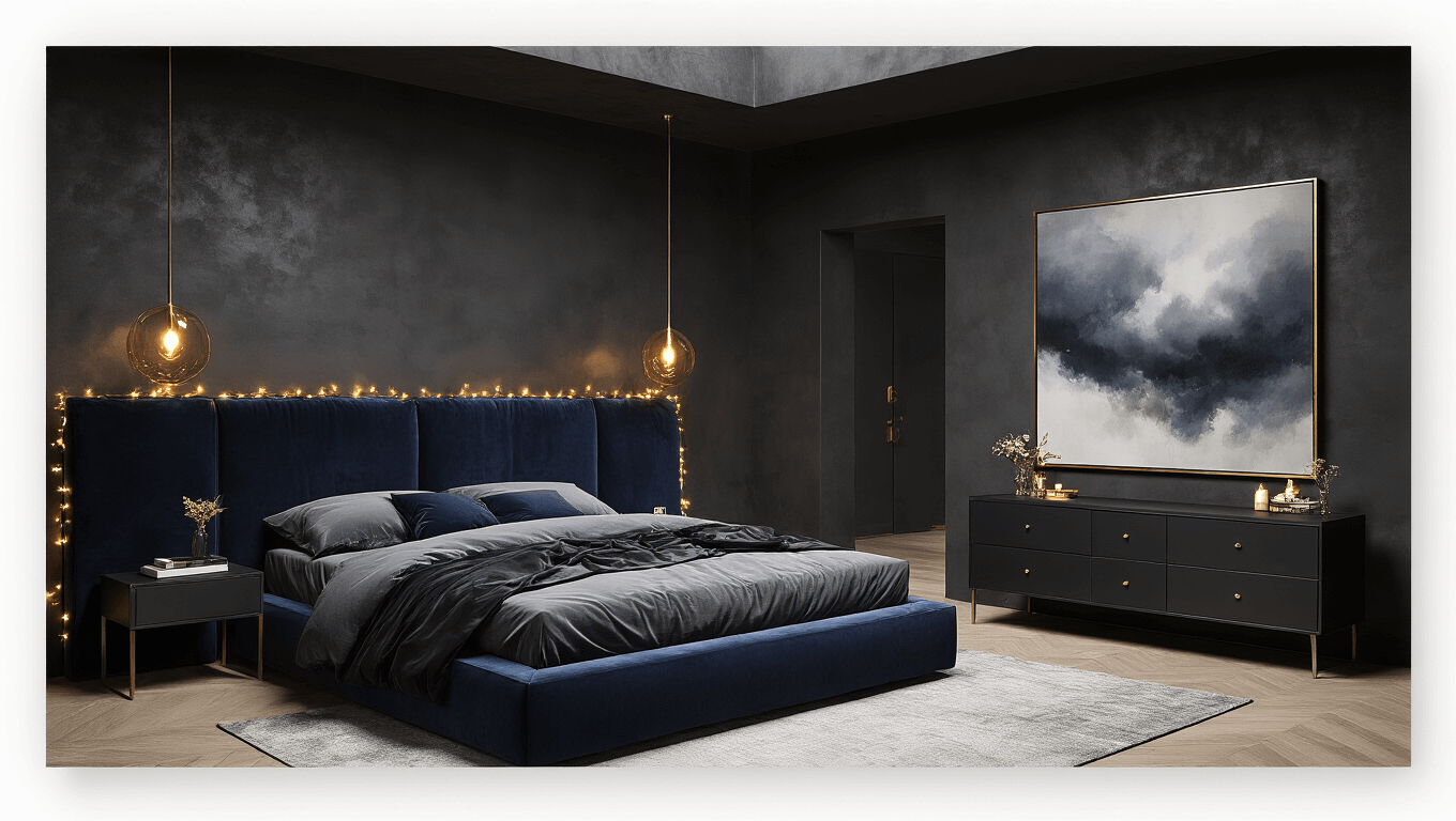 A luxurious modern bedroom featuring charcoal walls, a navy velvet headboard, and elegant decor illuminated by warm brass lights, creating a moody and intimate atmosphere.