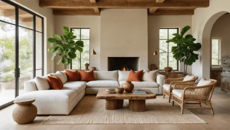 A sunlit living room featuring honey-toned oak floors, exposed wooden beams, a plush oatmeal linen sectional with rust and terra cotta pillows, a live-edge walnut coffee table with ceramics and books, rattan chairs, a floor-to-ceiling limestone fireplace, large plants, vintage brass lamps, and natural fiber rugs, all in warm earthy tones.