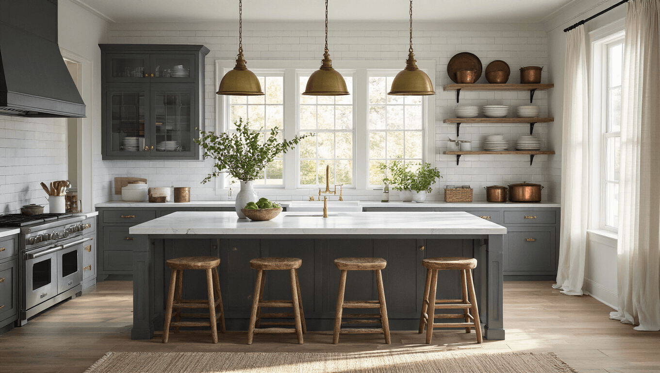A sun-drenched modern farmhouse kitchen featuring dark gray Shaker cabinets, a white marble-topped island, and vintage brass pendant lights, with natural light streaming through black-framed windows and a vintage Persian runner on wide-plank oak flooring.
