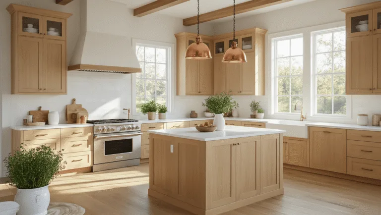 Photorealistic interior of a bright, spacious farmhouse kitchen featuring honey maple cabinets, white quartz countertops, a central island, and copper pendant lights, illuminated by morning sunlight, with pale oak flooring and minimal decor.
