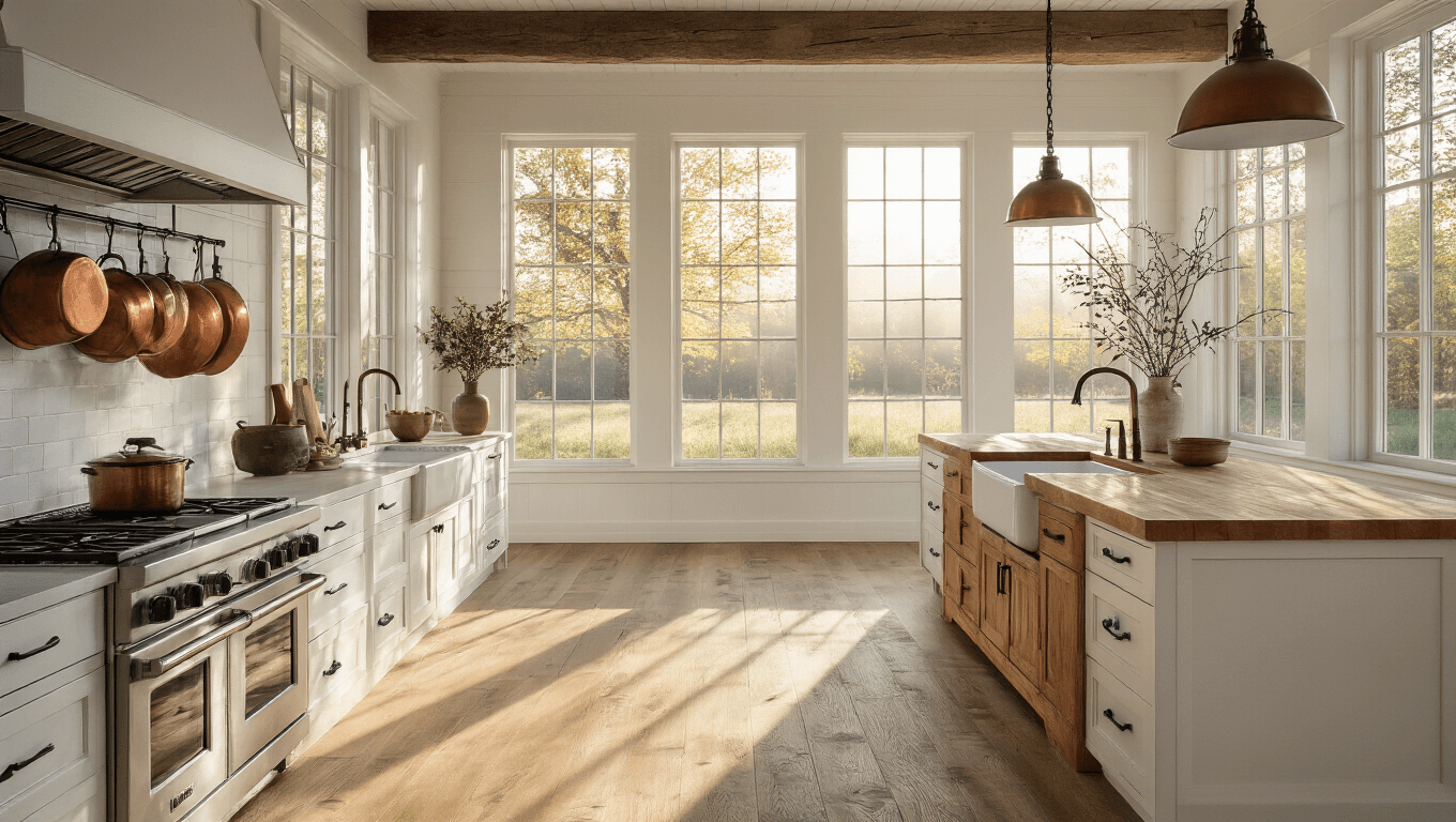 A sun-drenched farmhouse kitchen with wide-plank aged oak flooring, white shaker cabinets, a butcher block island, and a farmhouse sink, accented by vintage copper pots and fresh herbs in terracotta pots, captured in hyper-realistic detail with dramatic lighting and rich textures.