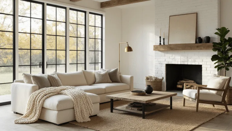 Cinematic interior of a modern farmhouse living room bathed in golden hour sunlight, featuring a cream linen sectional, weathered oak coffee table, shiplap accent wall, and a whitewashed brick fireplace with vintage decor.