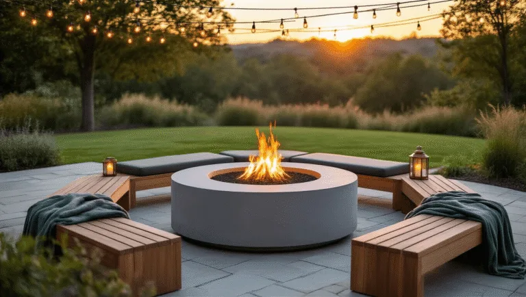 Cinematic golden hour image of a modern concrete fire pit surrounded by teak benches on a stone patio, with copper lanterns and cozy throws, set against a soft-focus garden backdrop.