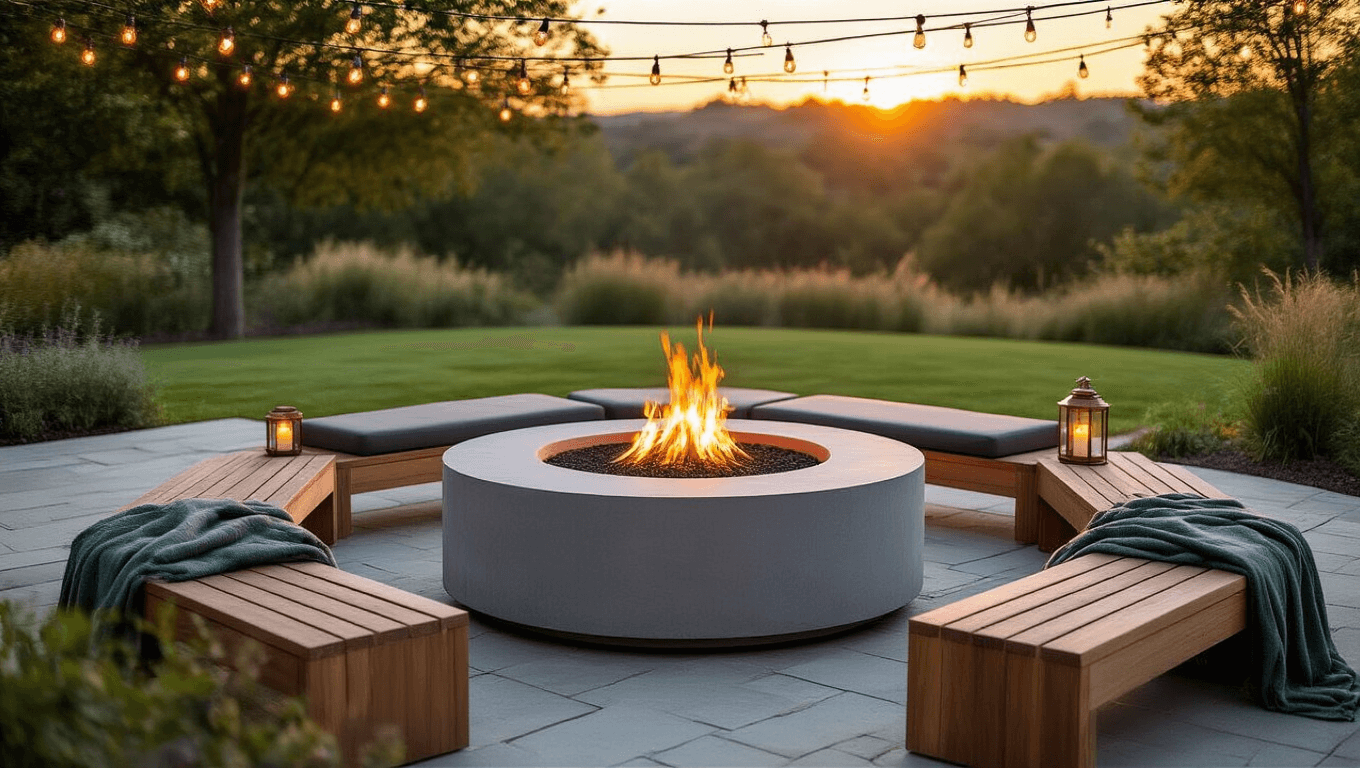 Cinematic golden hour image of a modern concrete fire pit surrounded by teak benches on a stone patio, with copper lanterns and cozy throws, set against a soft-focus garden backdrop.
