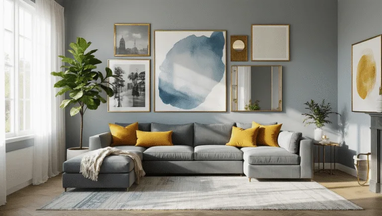 Photorealistic living room with a gray sectional sofa under a curated gallery wall of mixed-media art, featuring oversized prints and vintage photos in gold and black frames, complemented by a fiddle leaf fig tree and natural light filtering through sheer white curtains.