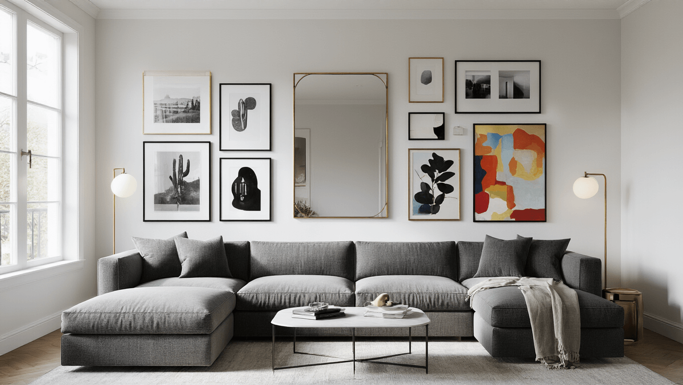 A wide-angle shot of a modern living room featuring a plush gray sectional sofa with a gallery wall above, showcasing a mix of framed artworks in various sizes and finishes, all bathed in natural light.