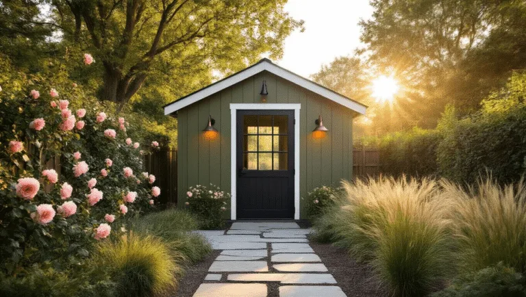 Cinematic wide-angle shot of a modern garden shed at golden hour, featuring olive green siding, white trim, and a stone pathway flanked by pink climbing roses and ornamental grasses, with warm sunlight creating dappled shadows.