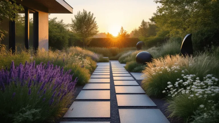 Hyperrealistic photograph of a modern cottage garden at golden hour with a geometric slate pathway, featuring Corten steel planters, purple salvias, white gaura, ornamental grasses, and sculptural elements, illuminated by warm sunset light and strategic landscape lighting.