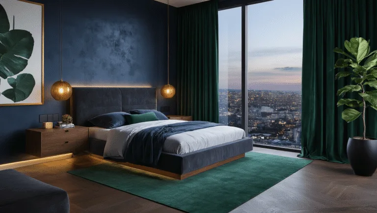 Cinematic wide-angle shot of a modern luxurious bedroom featuring deep indigo walls, a king-size charcoal velvet headboard bed with slate gray and midnight blue linens, walnut nightstands, brass pendant lights, and deep forest green velvet curtains revealing a city twilight, complemented by an emerald area rug and large abstract art.