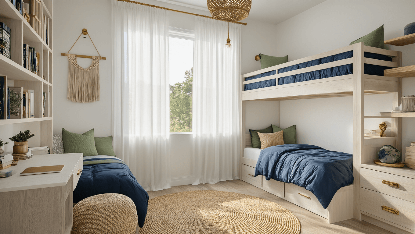 Photorealistic interior of a shared kids' bedroom featuring weathered white oak bunk beds, navy blue and sage green bedding, a floor-to-ceiling bookshelf divider, study nooks, warm golden hour lighting, macramé wall accents, brass pendant lights, personalized decor on floating shelves, and a jute area rug, captured in high-end architectural photography style.