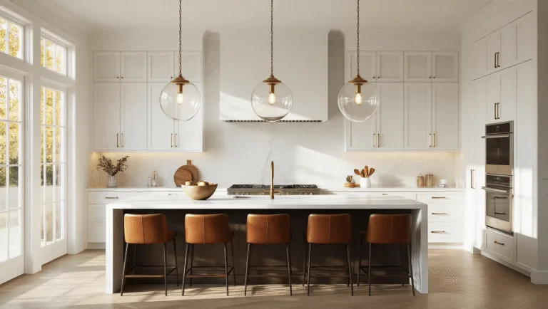 A luxurious modern kitchen with oversized brass pendant lights above a white quartz island, warm sunlight streaming through floor-to-ceiling windows, and rich cognac brown bar stools.