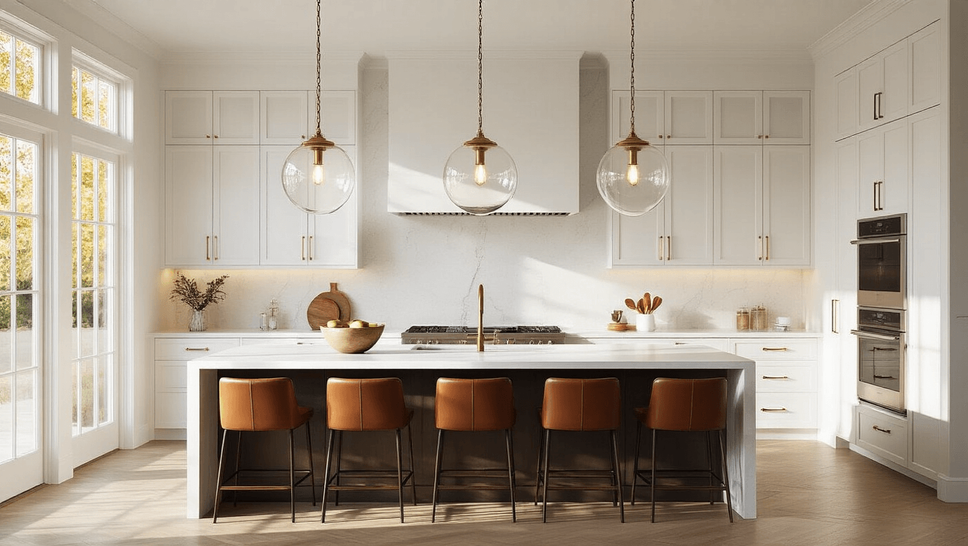 A luxurious modern kitchen with oversized brass pendant lights above a white quartz island, warm sunlight streaming through floor-to-ceiling windows, and rich cognac brown bar stools.