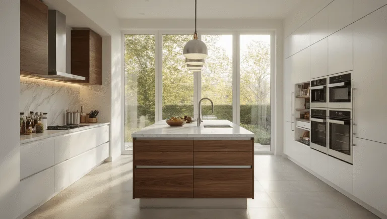 Hyperrealistic architectural photography of a luxurious modern kitchen featuring white and walnut cabinetry, a central marble-topped island, floor-to-ceiling storage solutions, professional-grade appliances, and warm oak herringbone flooring, all illuminated by golden hour lighting.