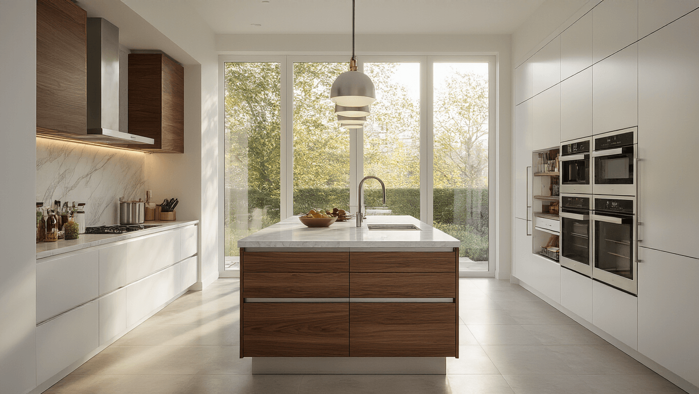 Hyperrealistic architectural photography of a luxurious modern kitchen featuring white and walnut cabinetry, a central marble-topped island, floor-to-ceiling storage solutions, professional-grade appliances, and warm oak herringbone flooring, all illuminated by golden hour lighting.